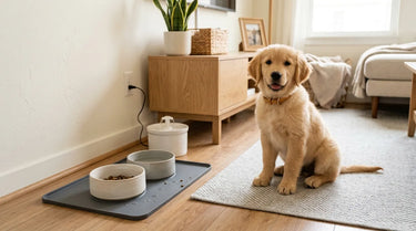 a golden retriever puppy beside a tidy feeding station with ceramic bowls, a spill mat, and a small water fountain in a bright small-apartment living room with warm off-white walls and natural wood accents